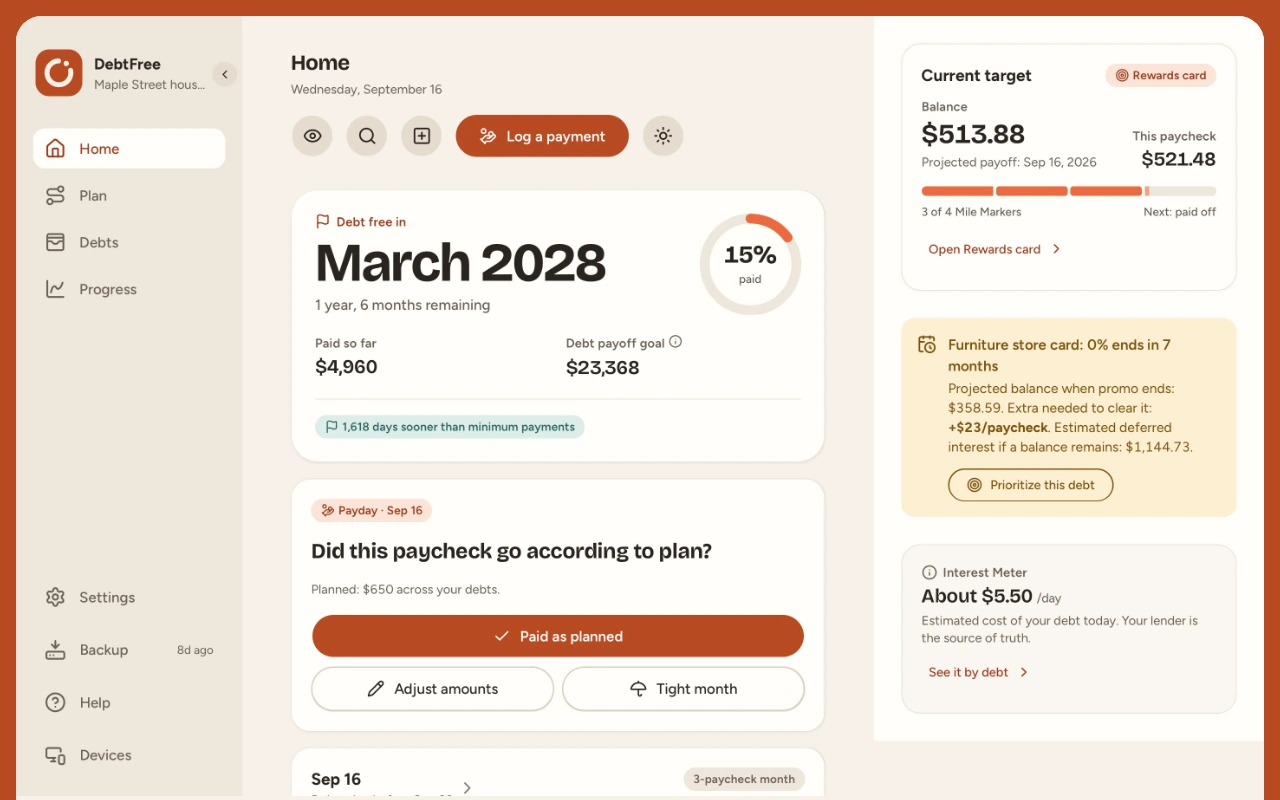 DebtFree Home screen in the sample plan: the projected debt-free date, how much is paid so far, this paycheck's check-in and the debt being paid off first