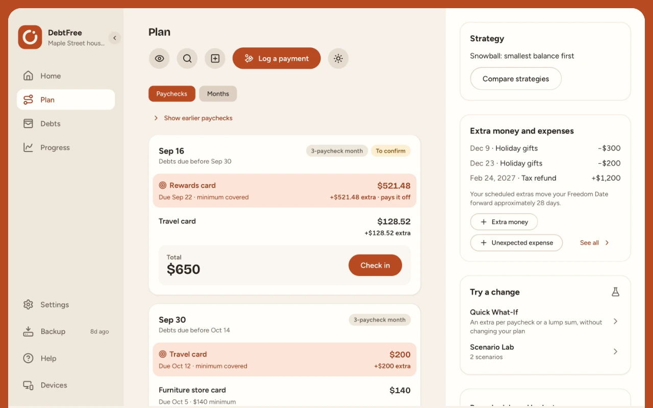 The Plan screen in DebtFree: each paycheck with the amount to pay to each debt, beside the strategy, the extra money and expenses, and the scenarios